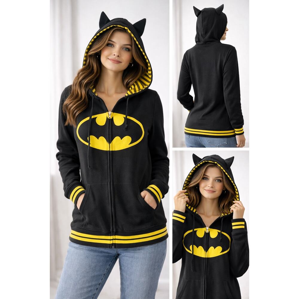 Batman Zip Up Hoodie Black Yellow Logo Bat Ear Hood Size XL